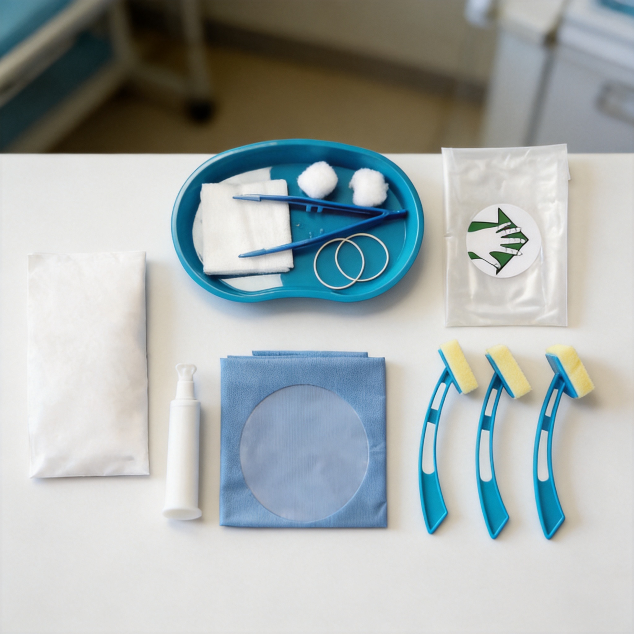 Ultrasound-guided nerve block needle and catheter kit components laid out on a sterile field