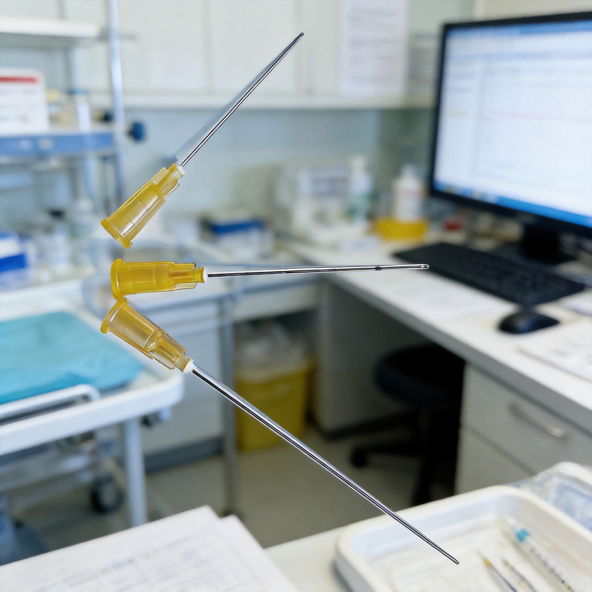 Technician measuring needle dimensions with calipers
